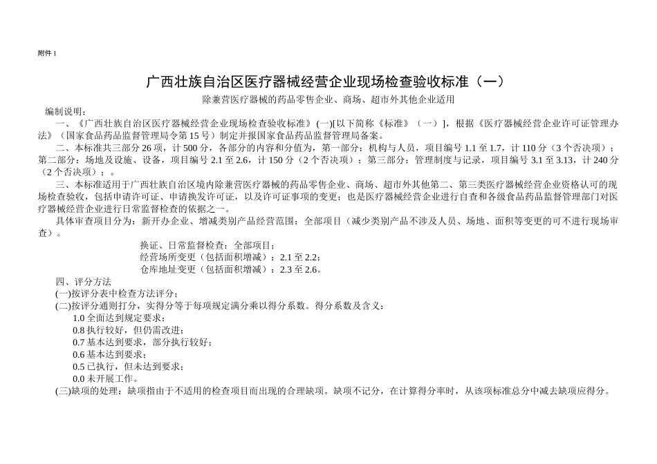 广西壮族自治区医疗器械经营企业现场检查验收标准（一）_第1页