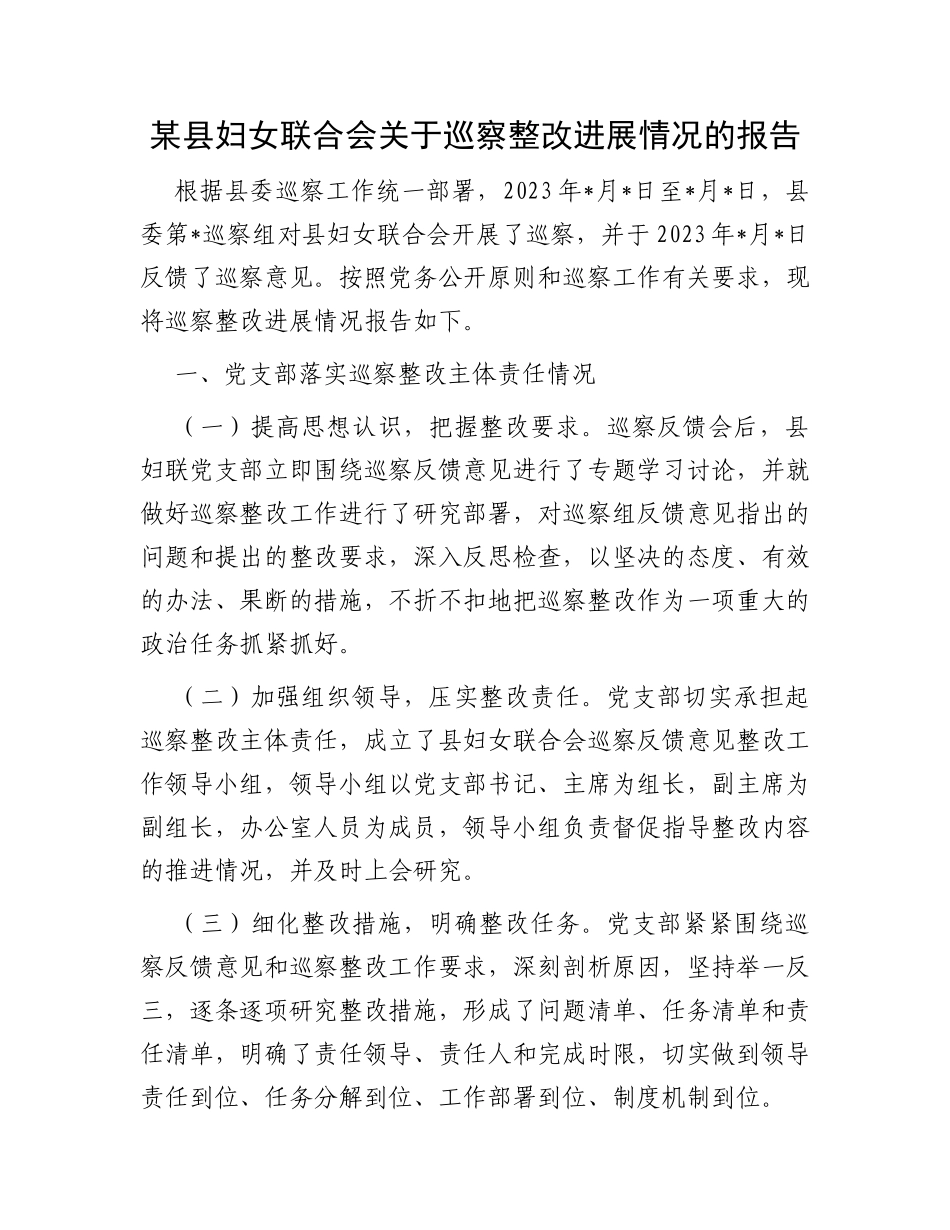 某县妇女联合会关于巡察整改进展情况的报告_第1页
