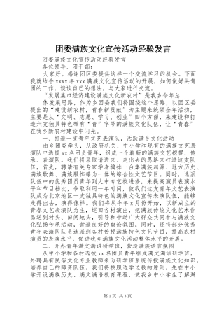 团委满族文化宣传活动经验发言稿