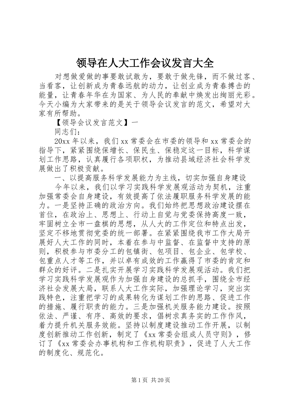 领导在人大工作会议发言稿大全_第1页