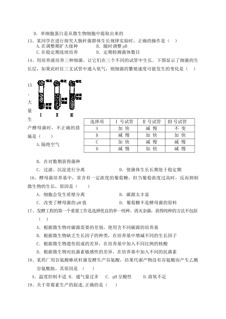 四微生物与发酵工程能力测试题_第3页