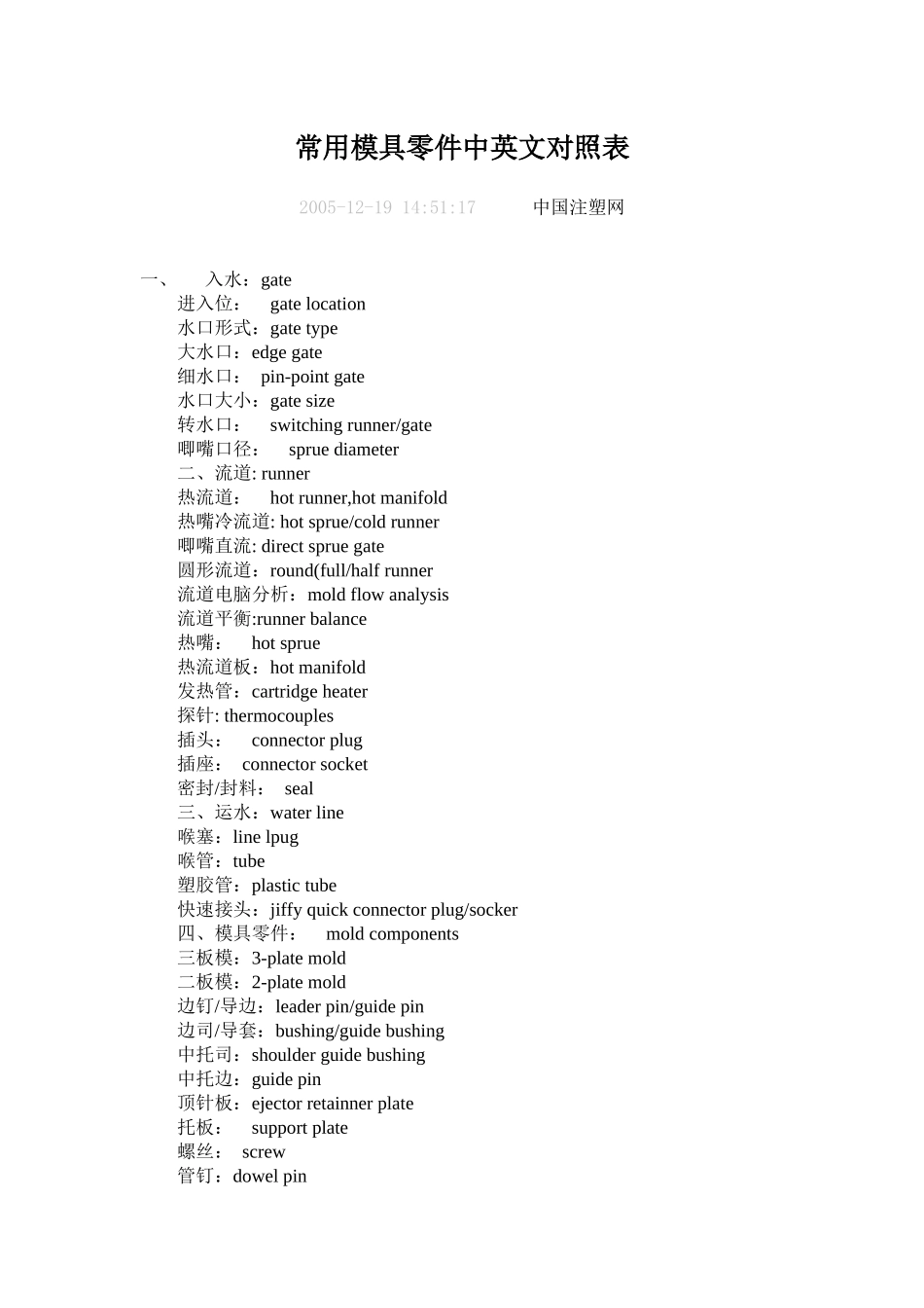 常用模具零件中英文对照表_第1页