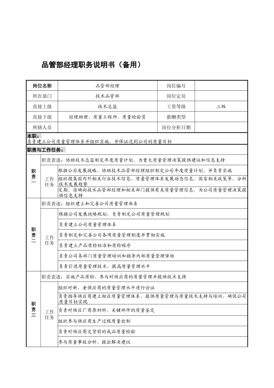 宁波华能贸易公司品质管理部经理职务说明书_第1页