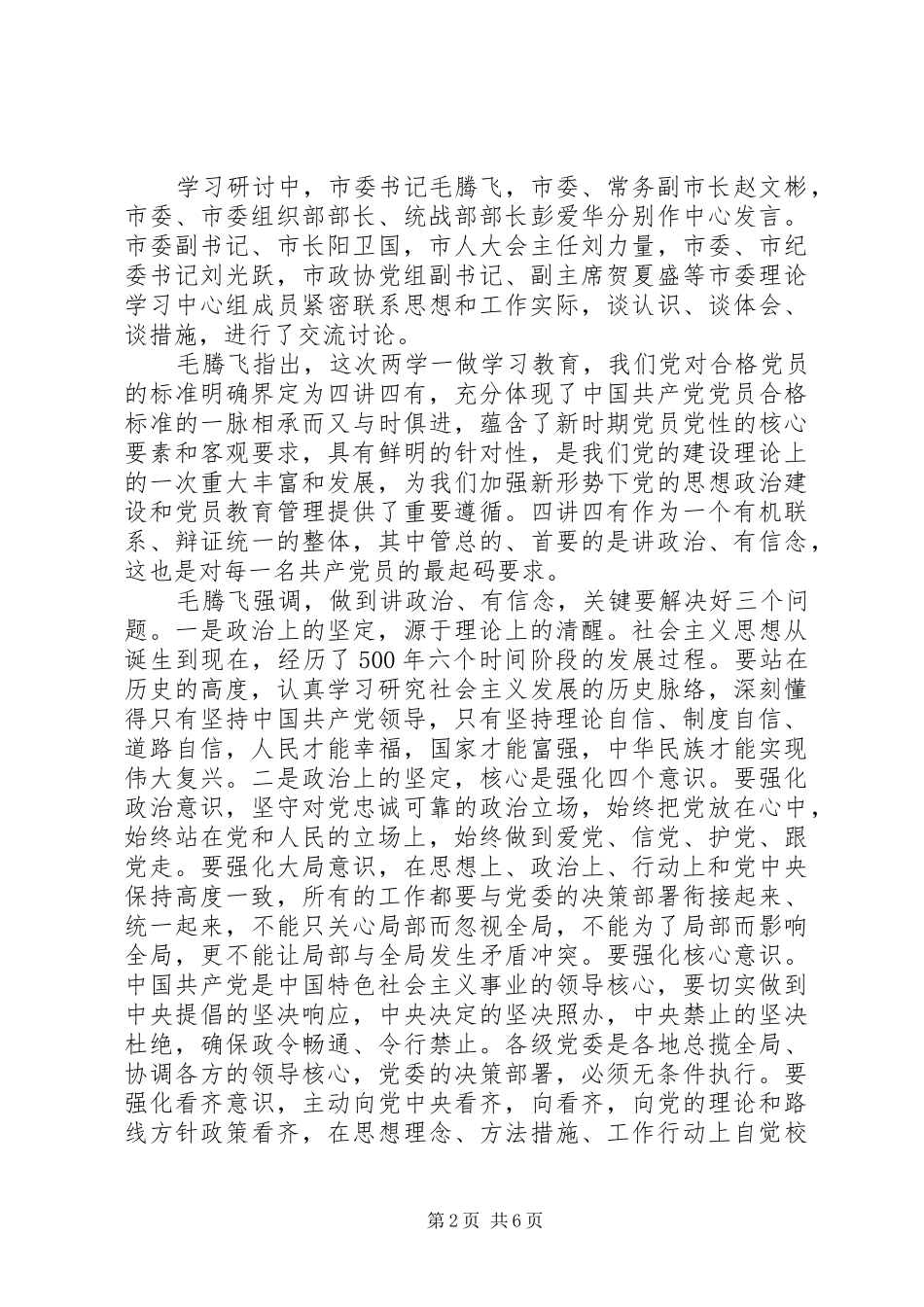 关于两学一做讲政治有信念领导发言_第2页