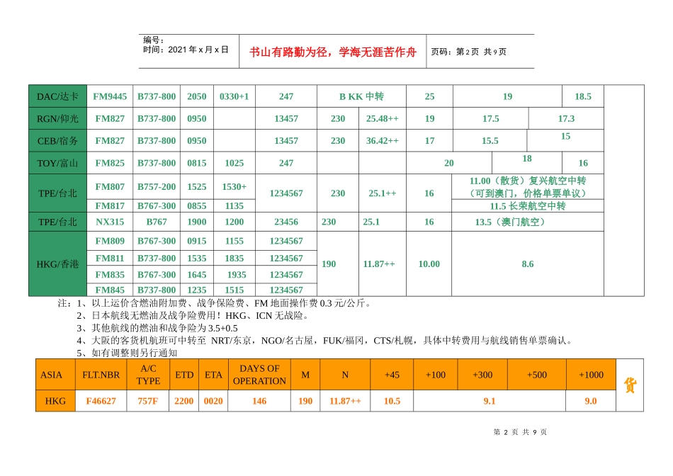 南京展雄货运代理有限公司国际空运价格表_第2页