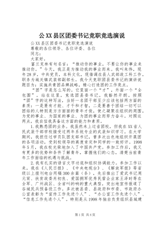 公XX县区团委书记竞职竞选演说稿