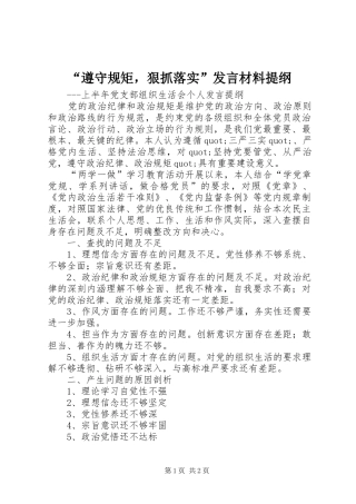 “遵守规矩，狠抓落实”发言提纲材料提纲
