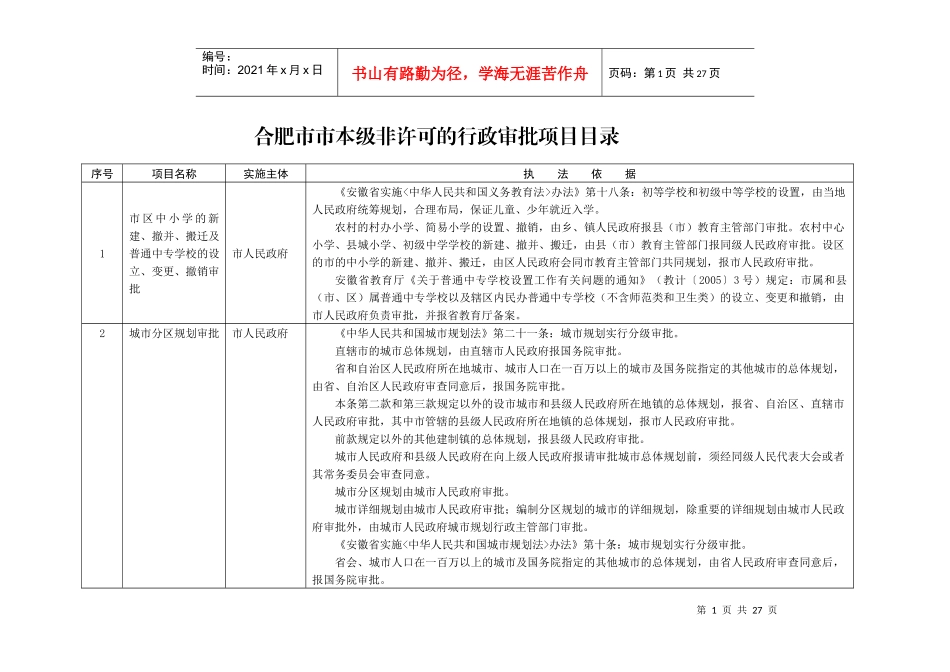 合肥市市本级非许可的行政审批项目目录_第1页