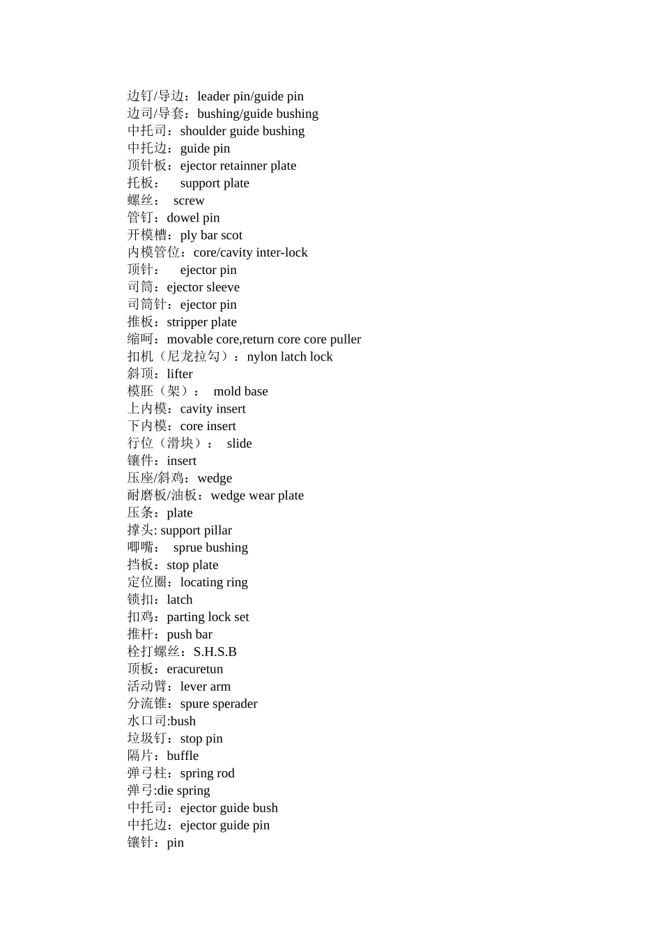 常用模具零件中英文对照表汇编_第2页