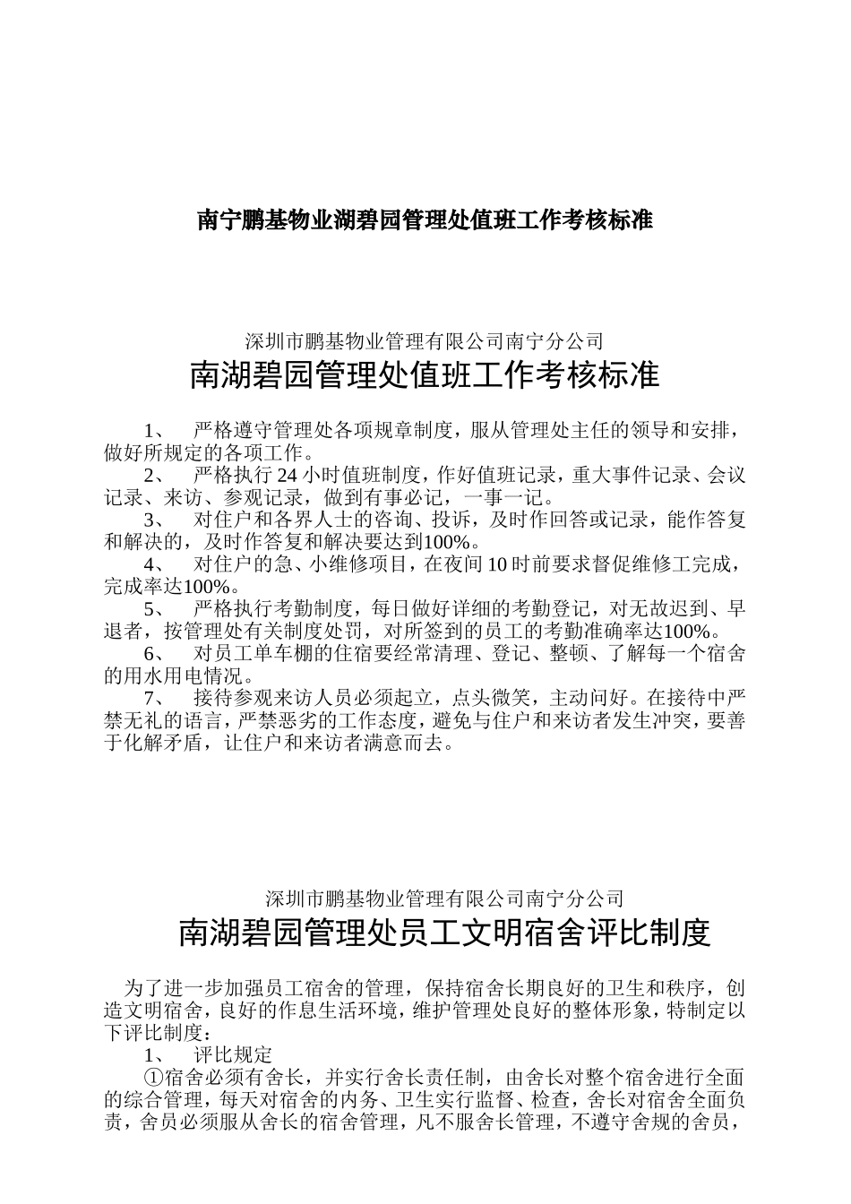 南宁某某公司管理处值班工作考核标准_第1页