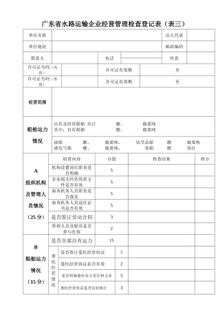 广东省水路运输企业经营管理检查登记表(表三)