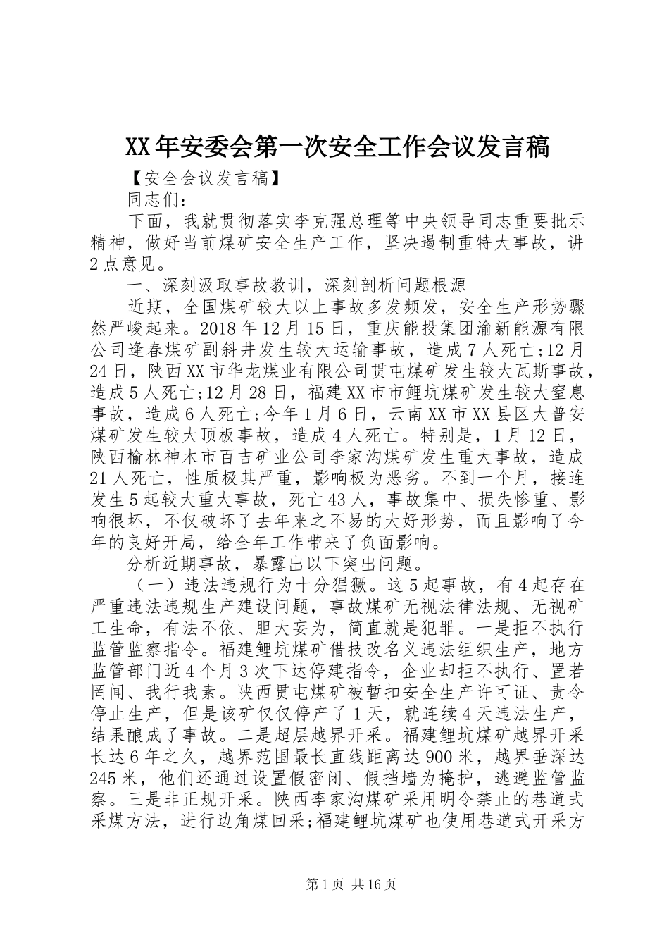 XX年安委会第一次安全工作会议发言_第1页