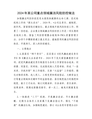2024年某公司重点领域廉洁风险防控做法