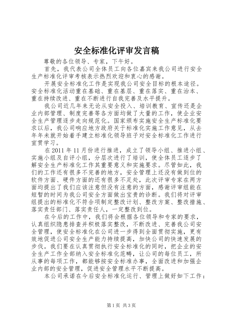 安全标准化评审发言_第1页