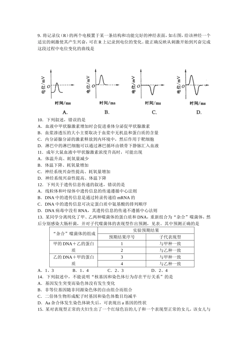 普通高等学校招生全国统一考试（海南卷） 生物测试题_第2页