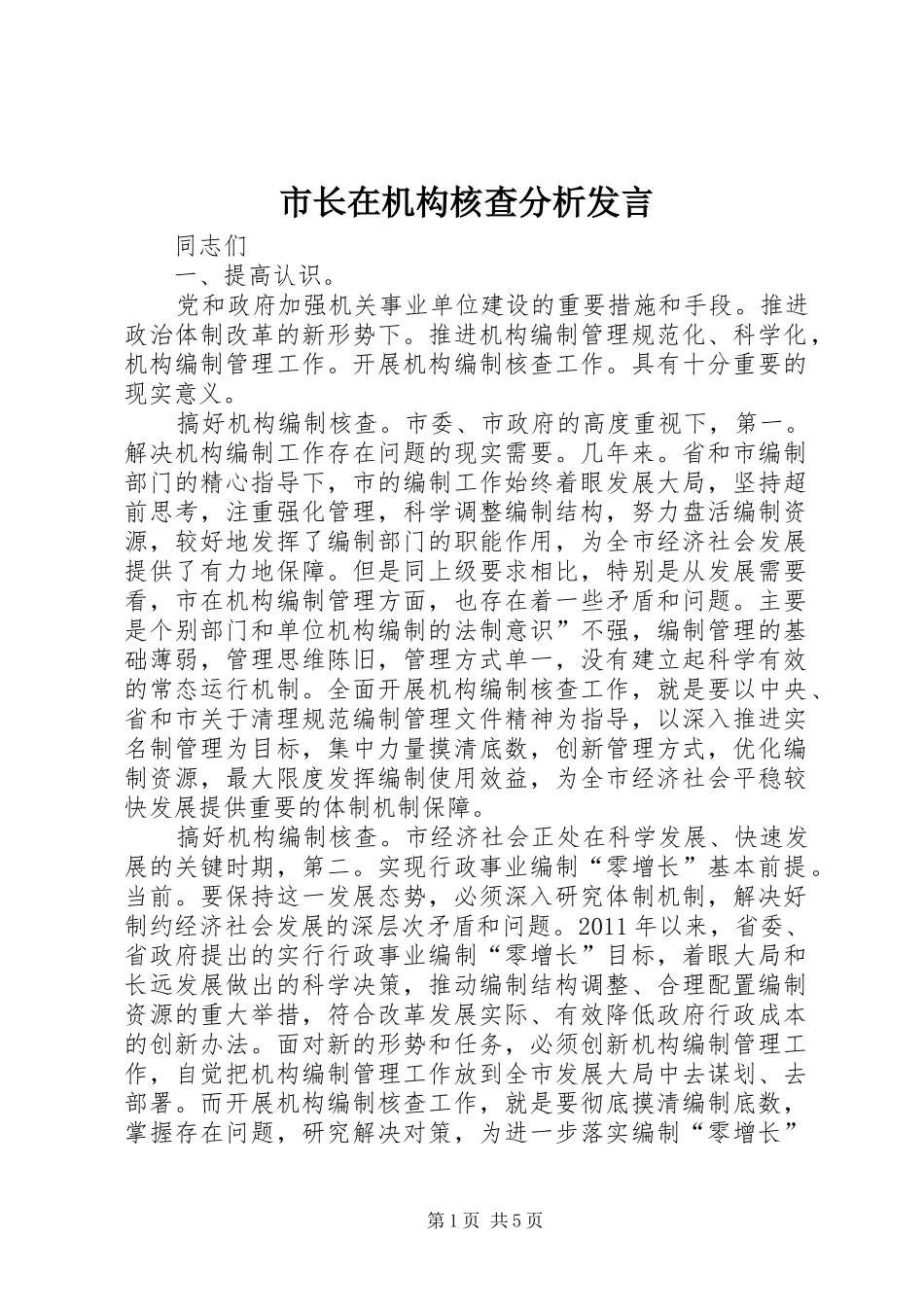 市长在机构核查分析发言稿_第1页