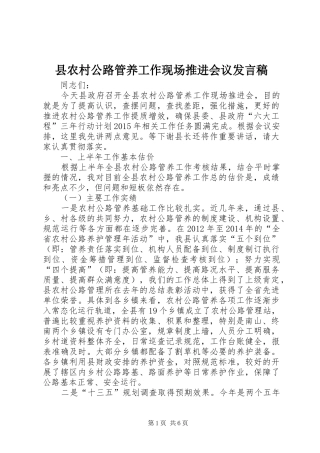县农村公路管养工作现场推进会议发言