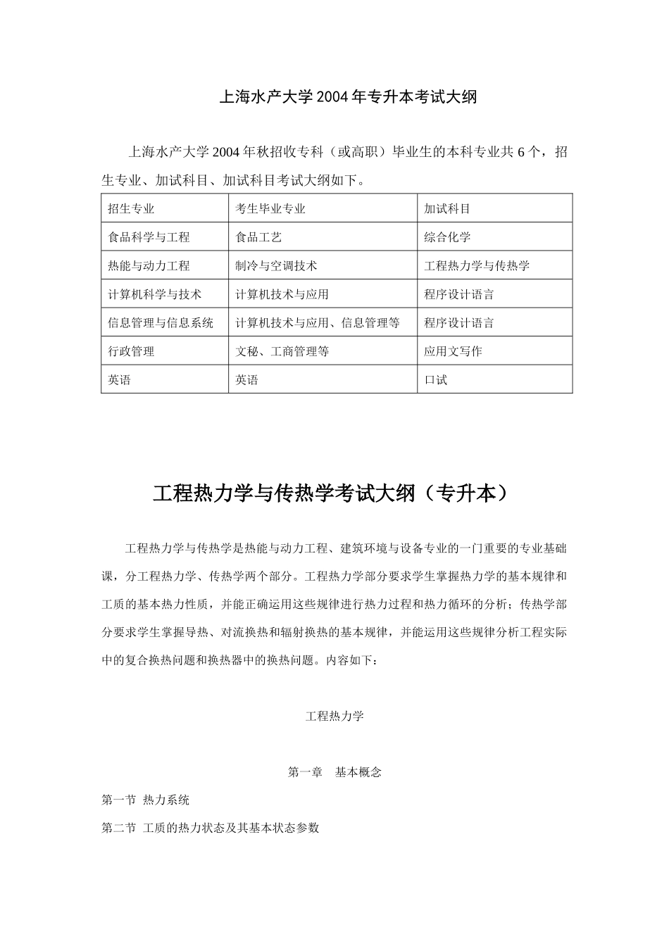 工程热力学与传热学考试大纲（专升本）_第1页