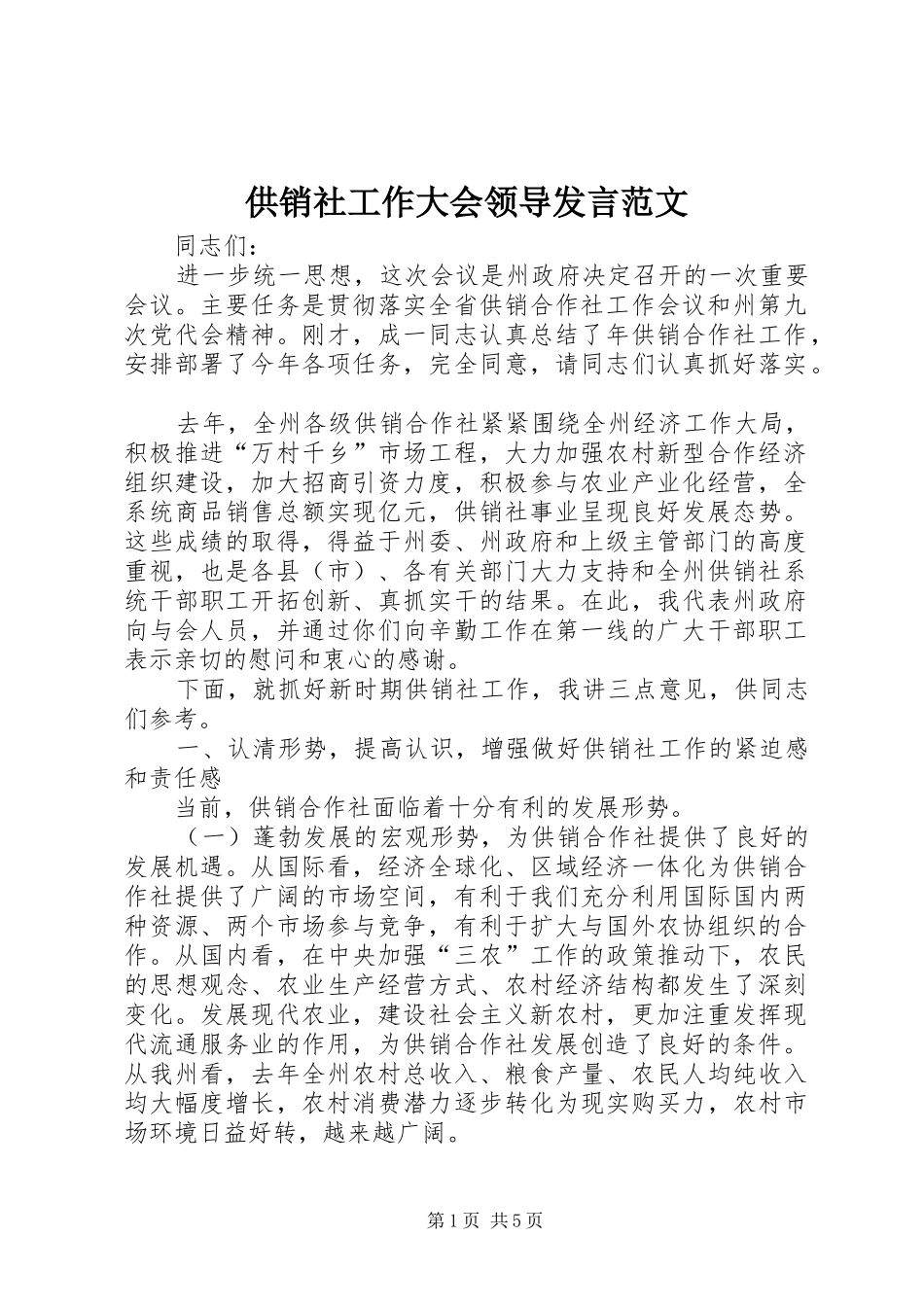 供销社工作大会领导发言稿范文_第1页