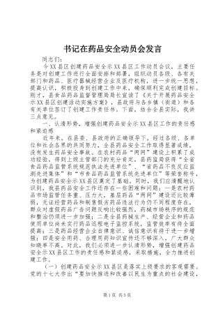 书记在药品安全动员会发言稿