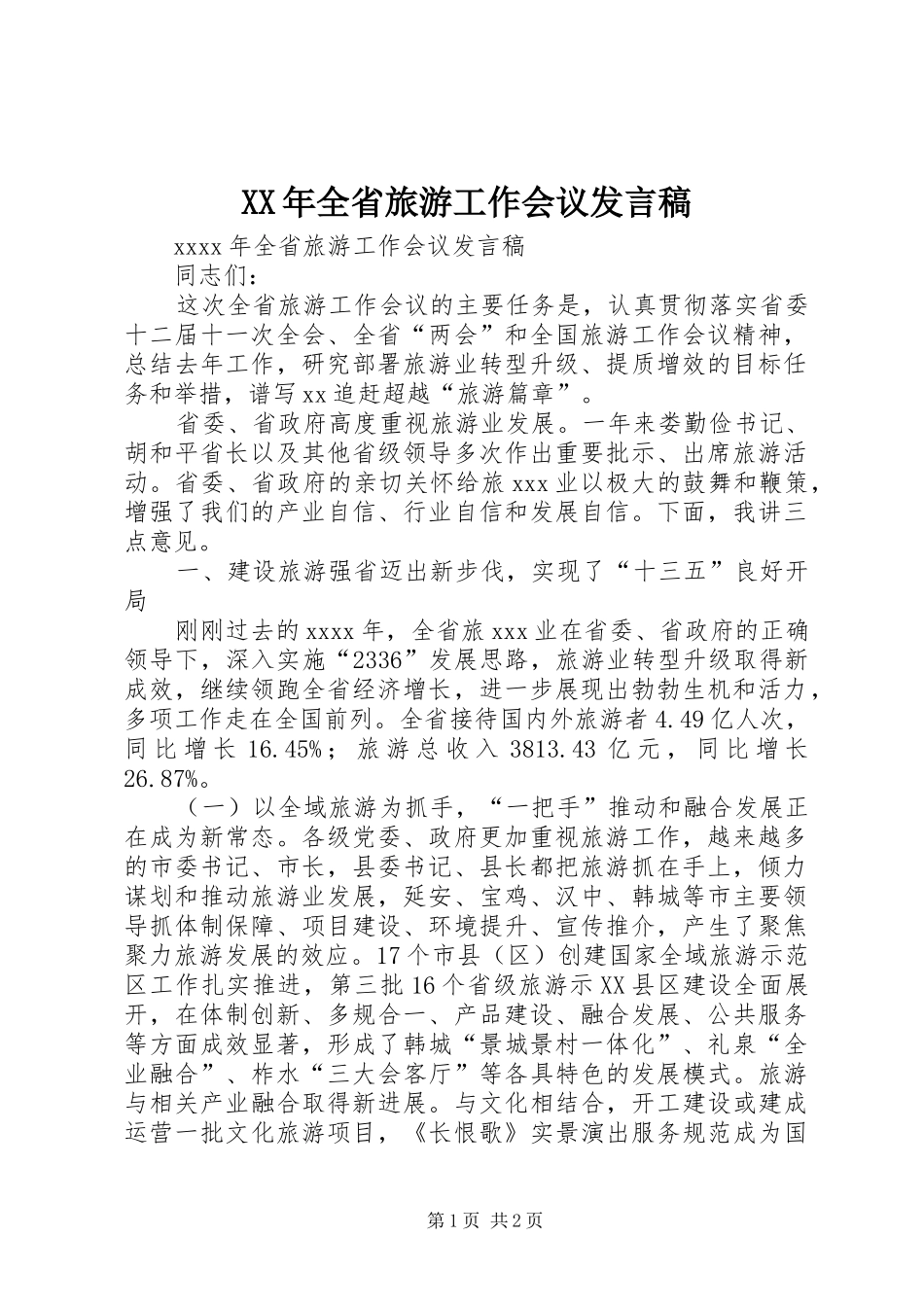 XX年全省旅游工作会议发言_第1页