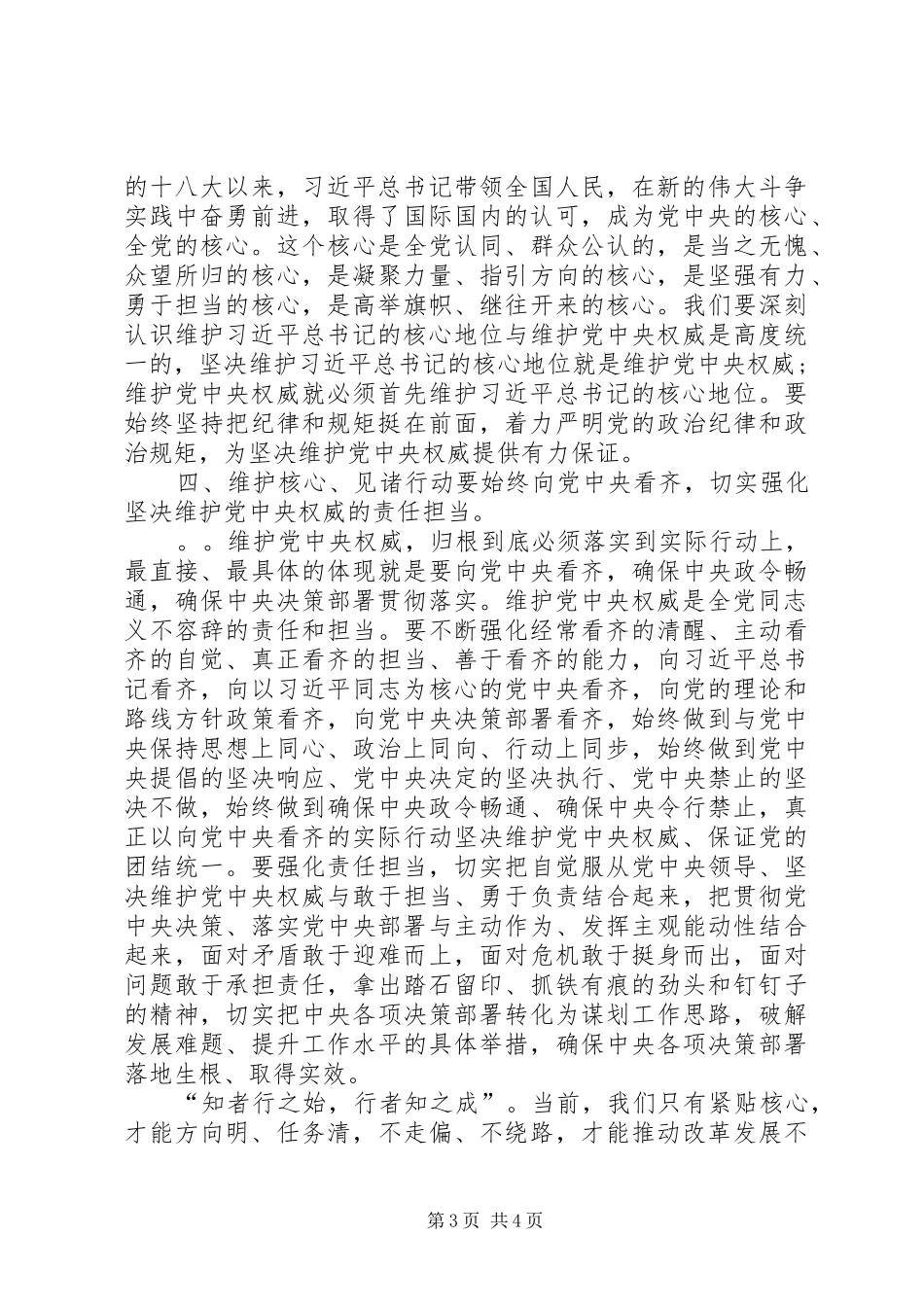 维护核心、见诸行动专题研讨发言材料致辞_第3页