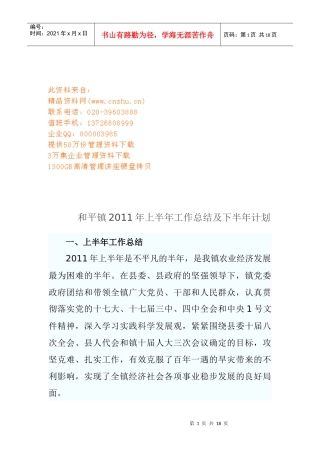 和平镇上半年工作总结与下半年计划