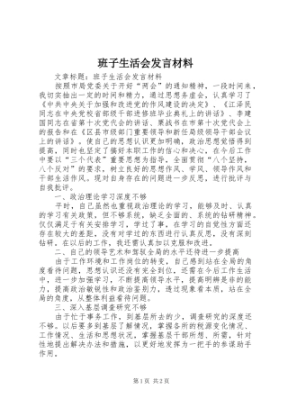班子生活会发言材料提纲范文