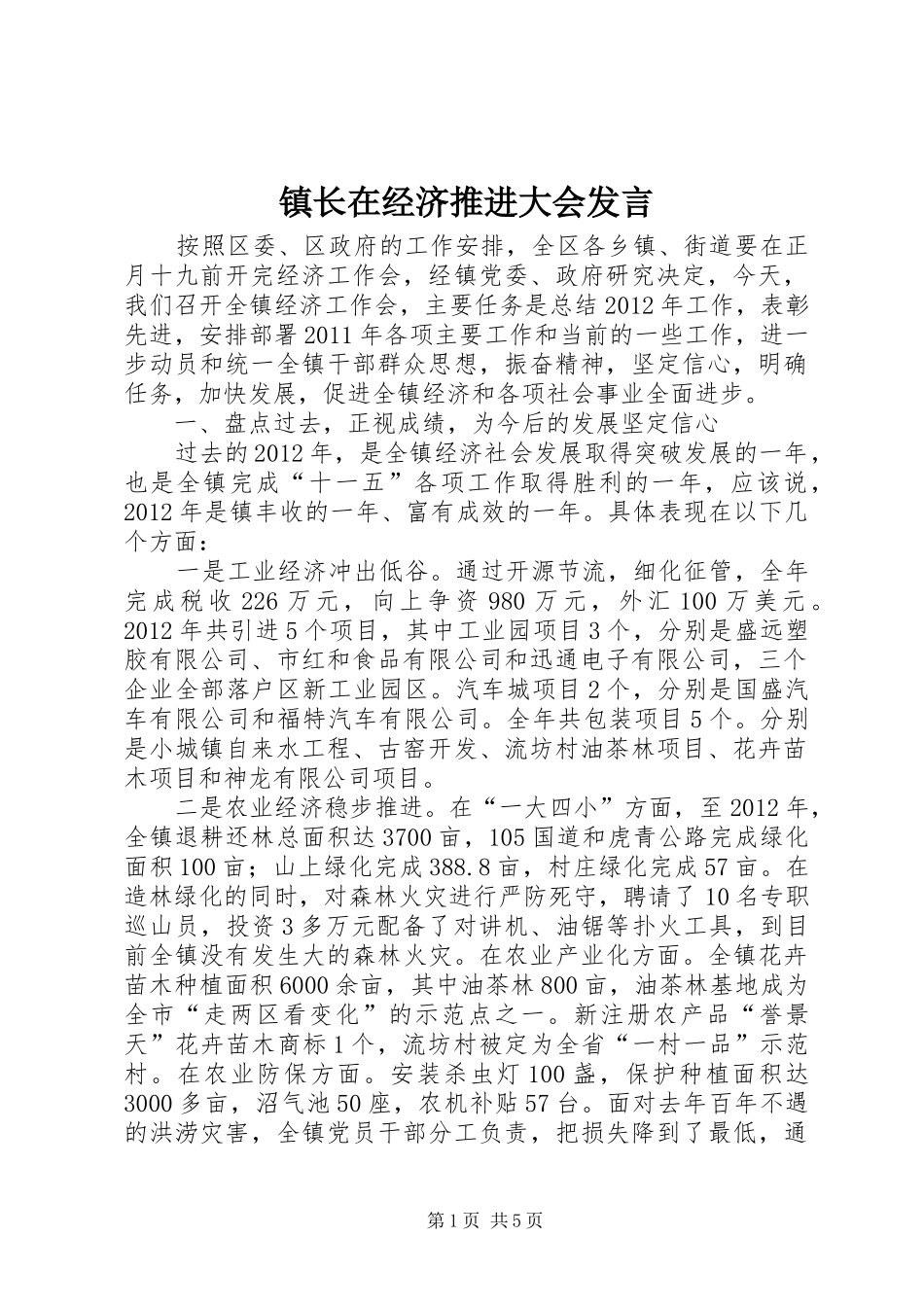 镇长在经济推进大会发言稿_第1页