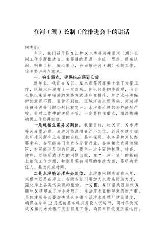 在河（湖）长制工作推进会上的讲话