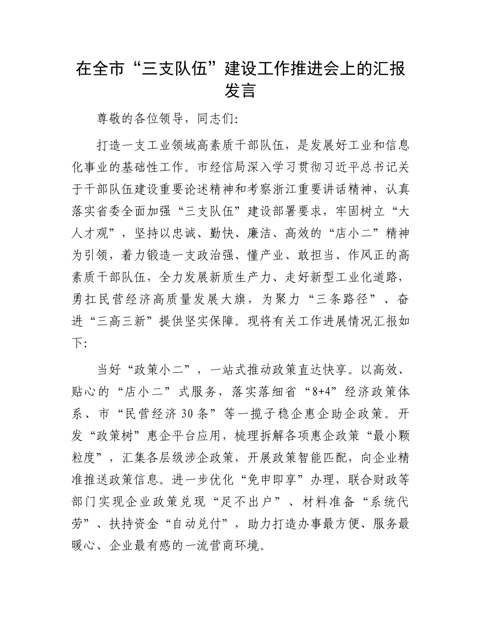 在全市“三支队伍”建设工作推进会上的汇报发言_第1页