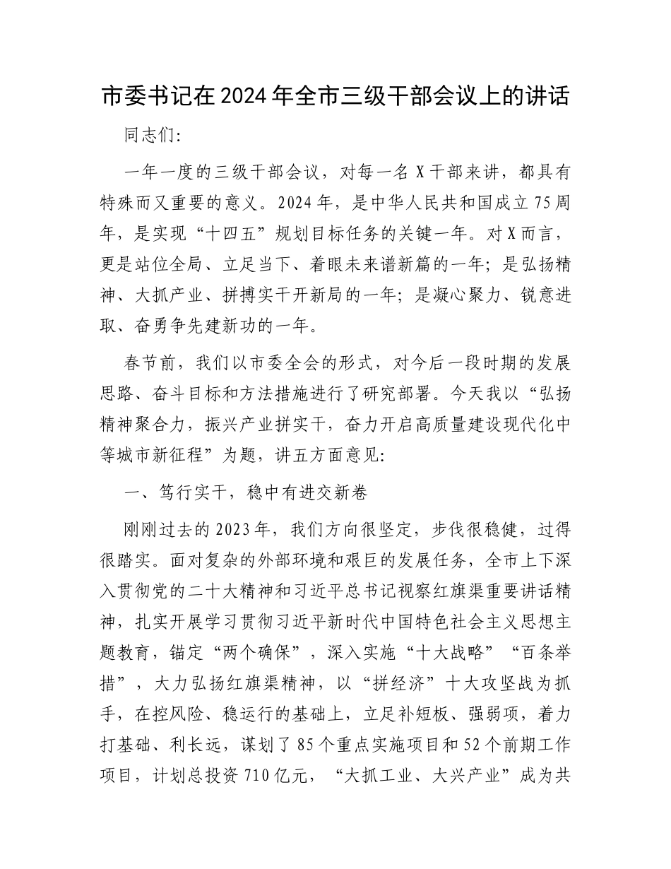 市委书记在2024年全市三级干部会议上的讲话_第1页