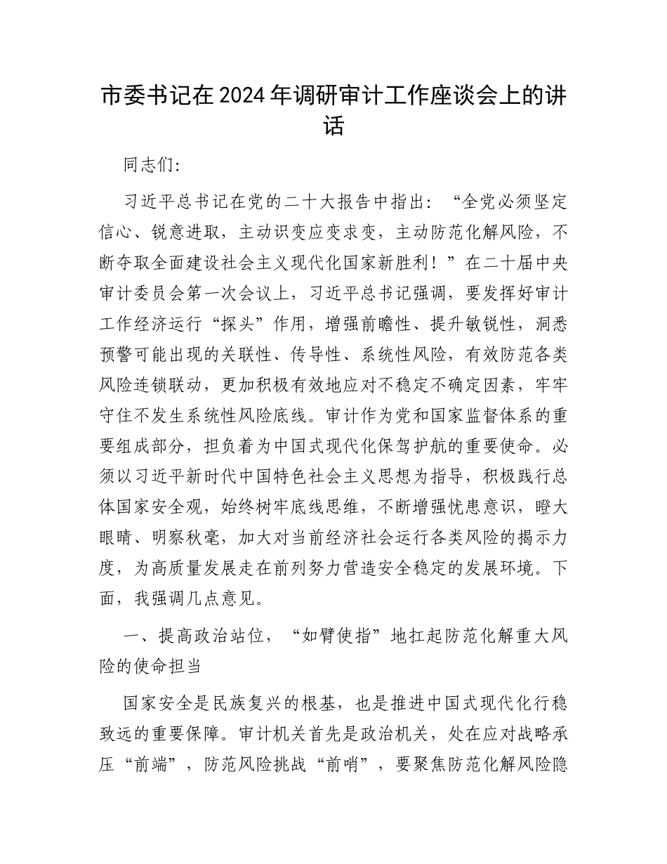 市委书记在2024年调研审计工作座谈会上的讲话_第1页