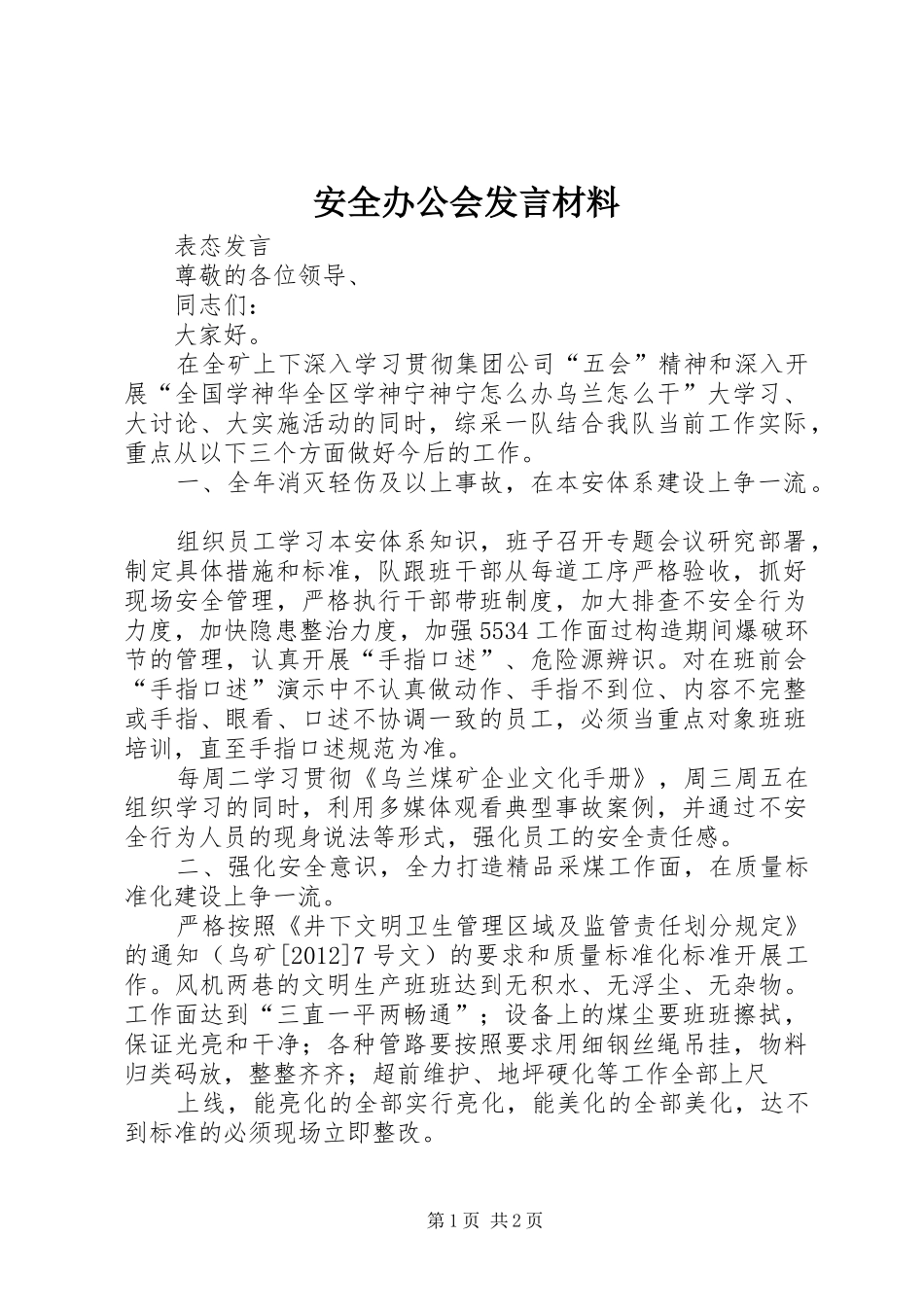 安全办公会发言材料提纲_第1页