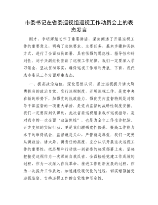 市委书记在省委巡视组巡视工作动员会上的表态发言