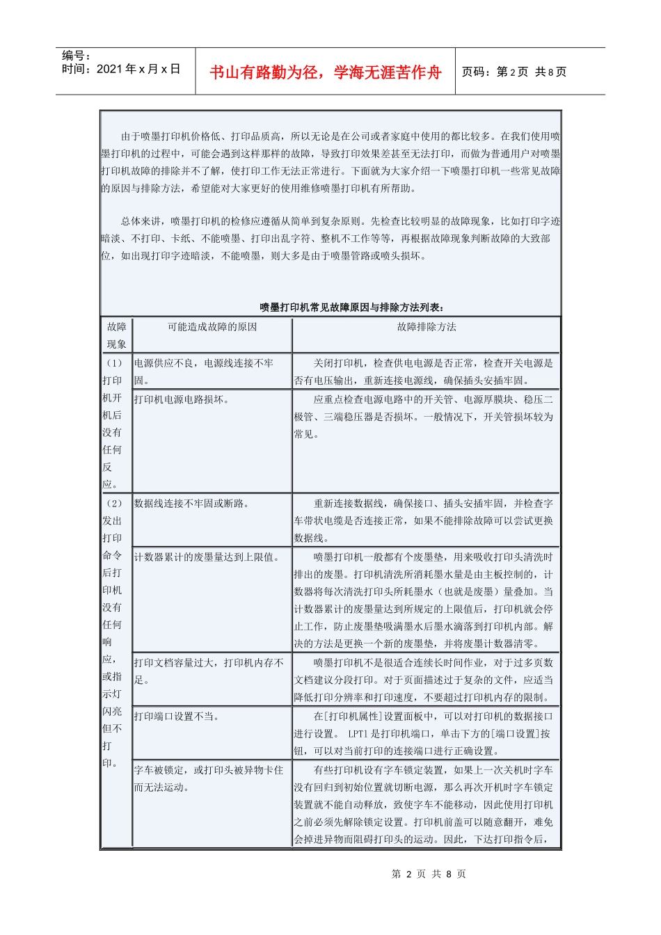 喷墨打印机常见故障原因和排除方法_第2页