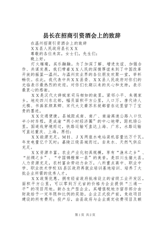 县长在招商引资酒会上的演讲致辞