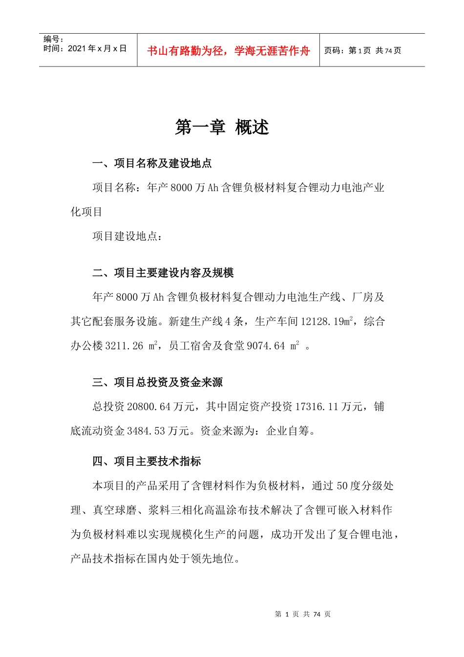 含锂负极材料复合锂动力电池产业化项目可研报告_第1页