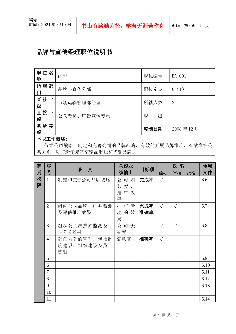 品牌与宣传经理职位说明书及关键绩效标准_第1页