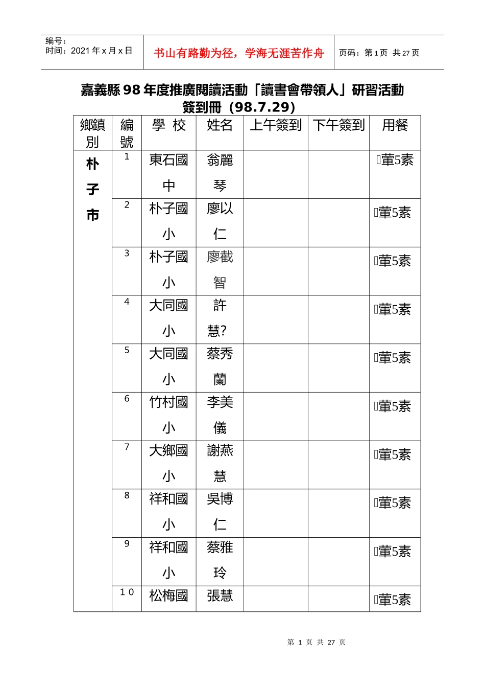 嘉义县98年度推广阅读活动读书会带领人研习活动_第1页