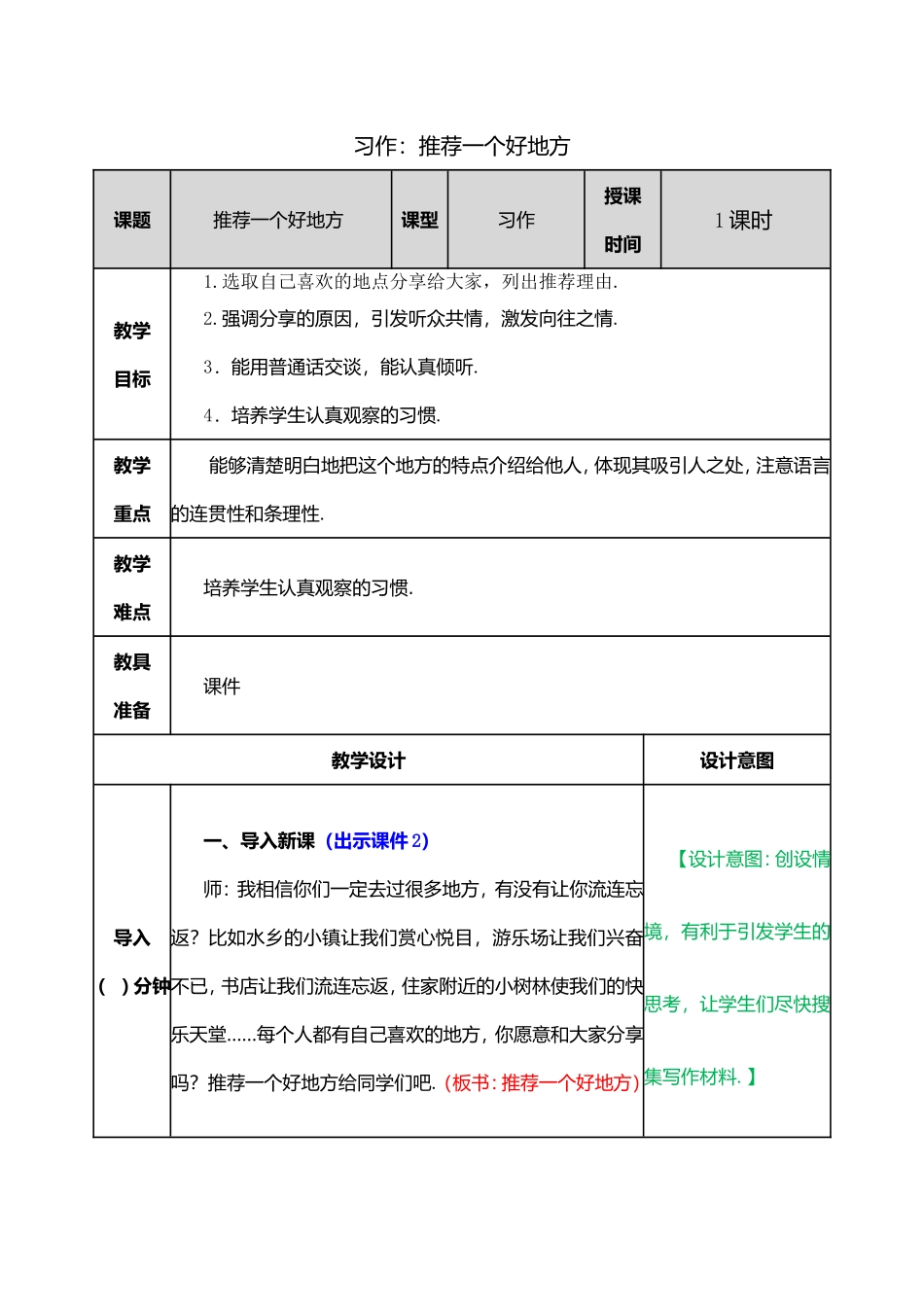 习作 推荐一个好地方 教学设计_第1页