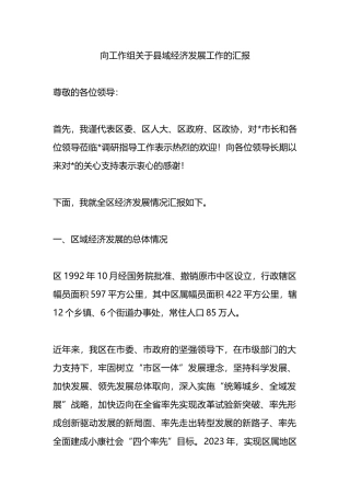向工作组关于县域经济发展工作的汇报总结