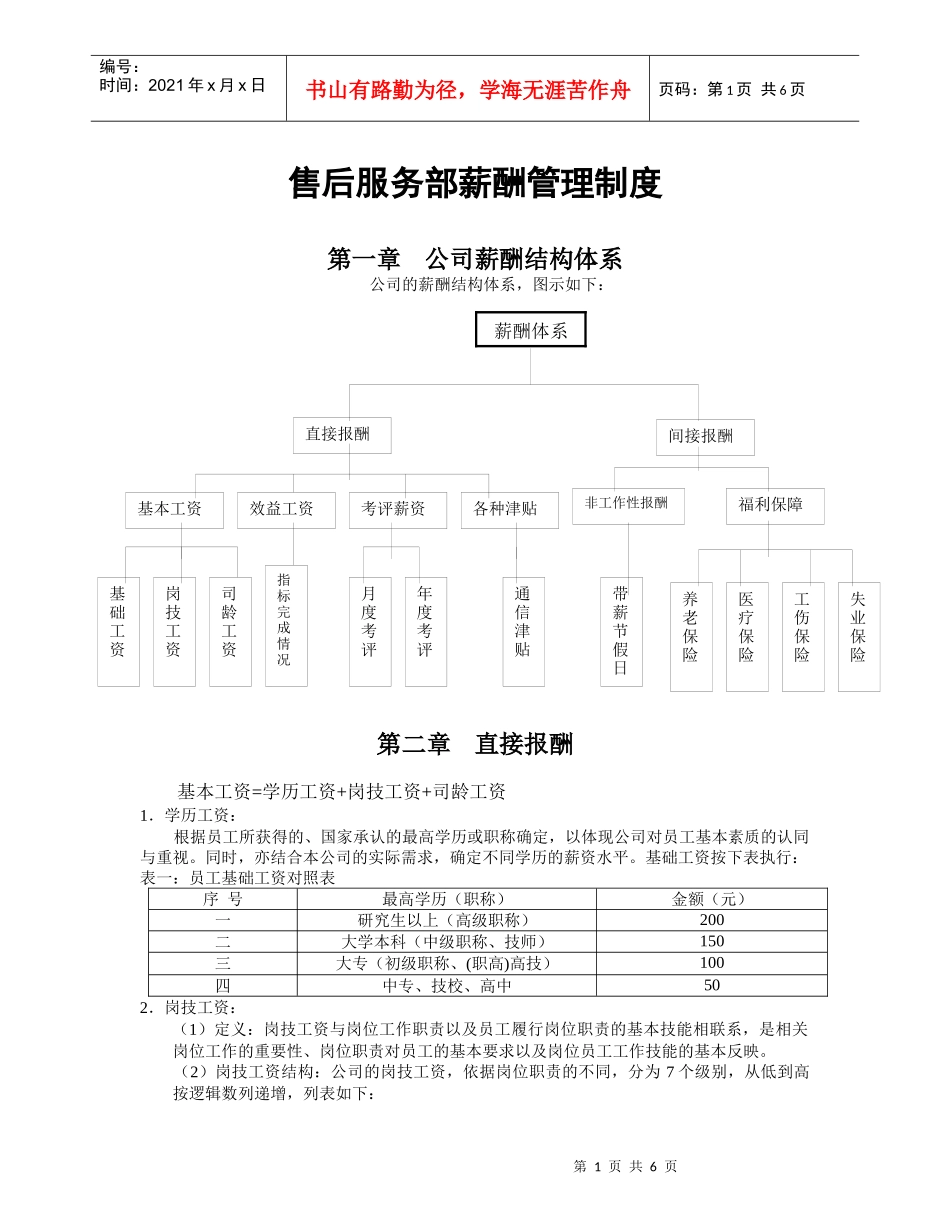 售后服务部薪酬管理制度-样本_第1页