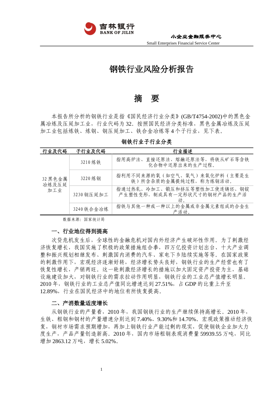 吉林银行钢铁行业风险分析报告_第1页