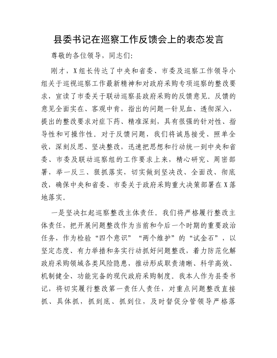 县委书记在巡察工作反馈会上的表态发言_第1页