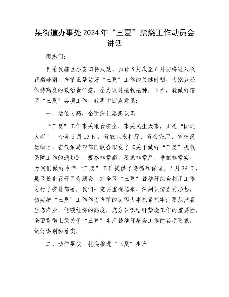 某街道办事处2024年“三夏”禁烧工作动员会讲话_第1页