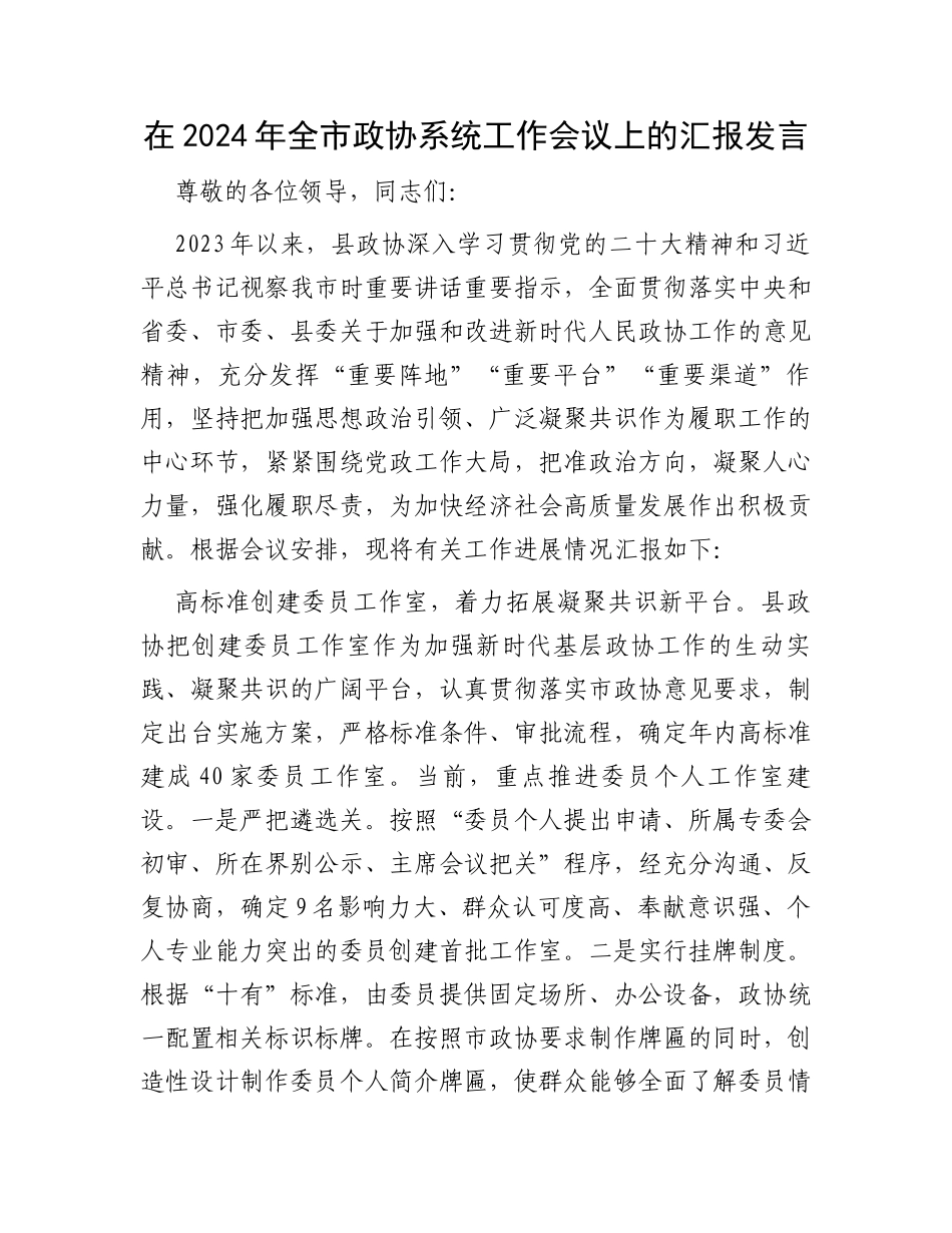 在2024年全市政协系统工作会议上的汇报发言_第1页