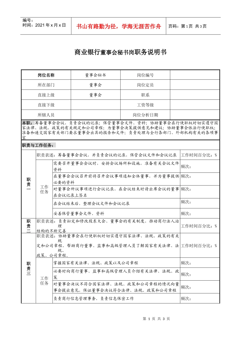 商业银行董事会秘书岗职务说明书_第1页