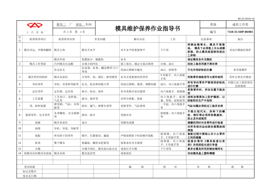 奇瑞模具维护保养作业指导书_第1页