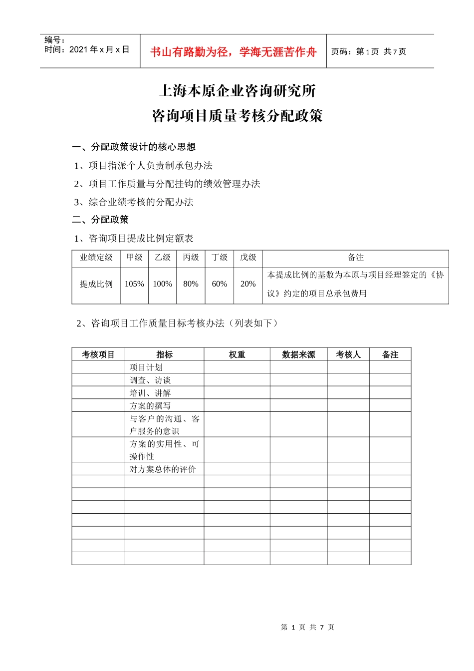 咨询项目质量考核分配政策_第1页